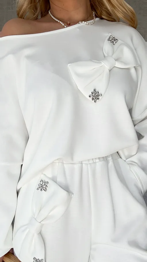 Biały masełkowy komplet dresowy w kokardy ONE SIZE - P413B