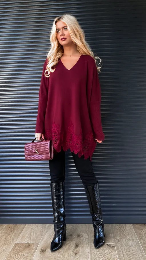 Elegancki długi sweter z koronką w kolorze BORDO - R172A