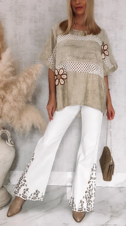 Luźna bluzka oversize z kwiatami melanżowy beż ONE SIZE wiskoza - R848