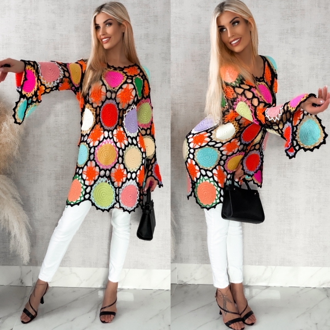 Czarno kolorowa sukienka w stylu szydełkowym ONE SIZE - R410