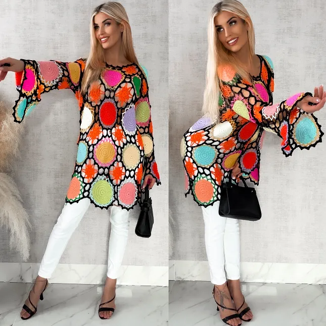 Czarno kolorowa sukienka w stylu szydełkowym ONE SIZE - R410