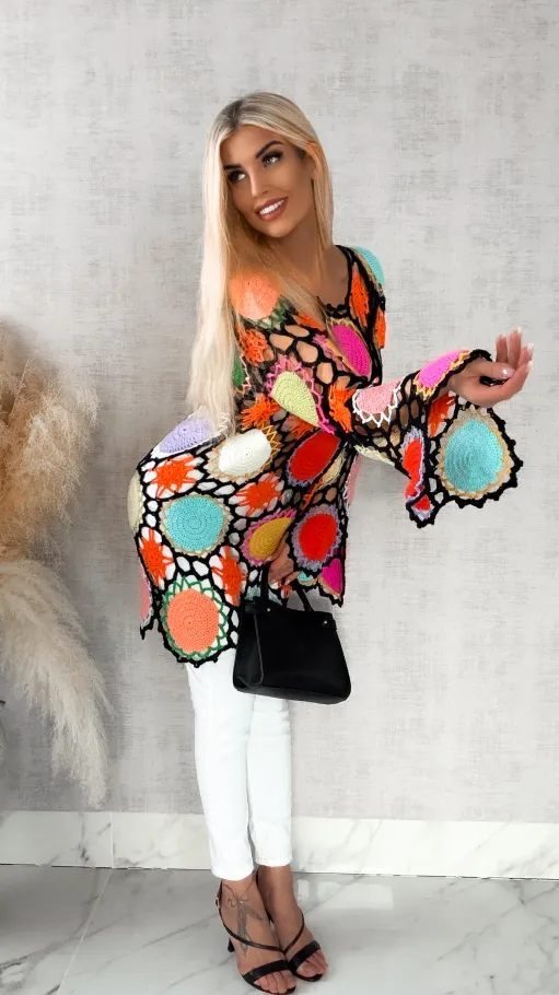 Czarno kolorowa sukienka w stylu szydełkowym ONE SIZE - R410