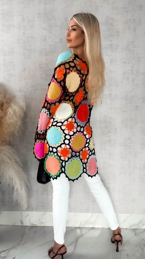 Czarno kolorowa sukienka w stylu szydełkowym ONE SIZE - R410