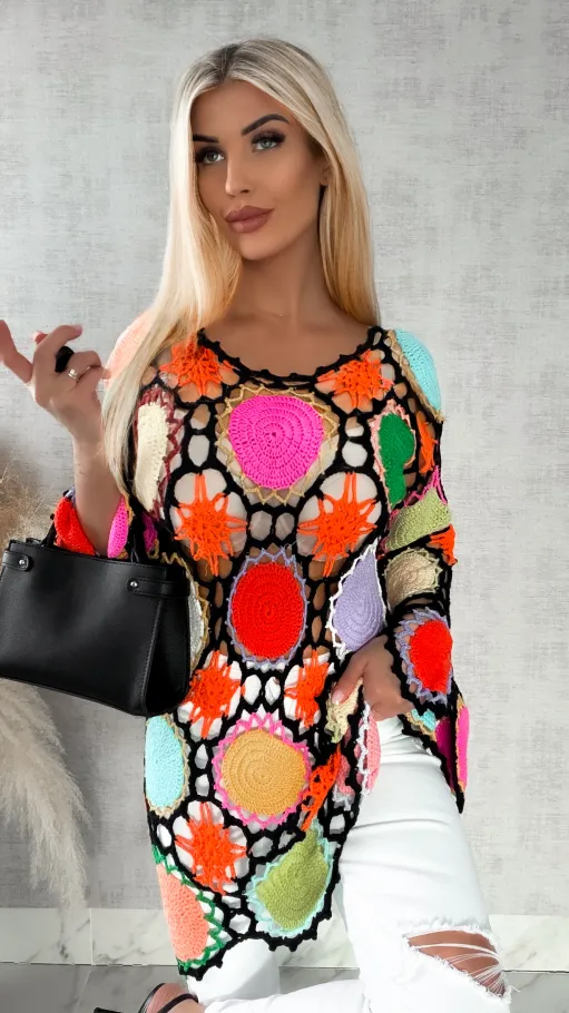 Czarno kolorowa sukienka w stylu szydełkowym ONE SIZE - R410