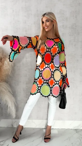 Czarno kolorowa sukienka w stylu szydełkowym ONE SIZE - R410