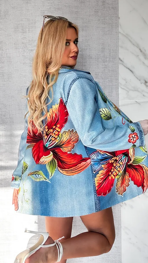 Marynarka w jeansowym princie OVERSIZE w kolorowe kwiaty - P517B