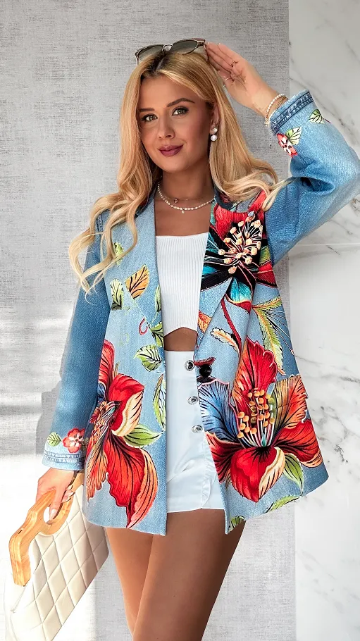Marynarka w jeansowym princie OVERSIZE w kolorowe kwiaty - P517B