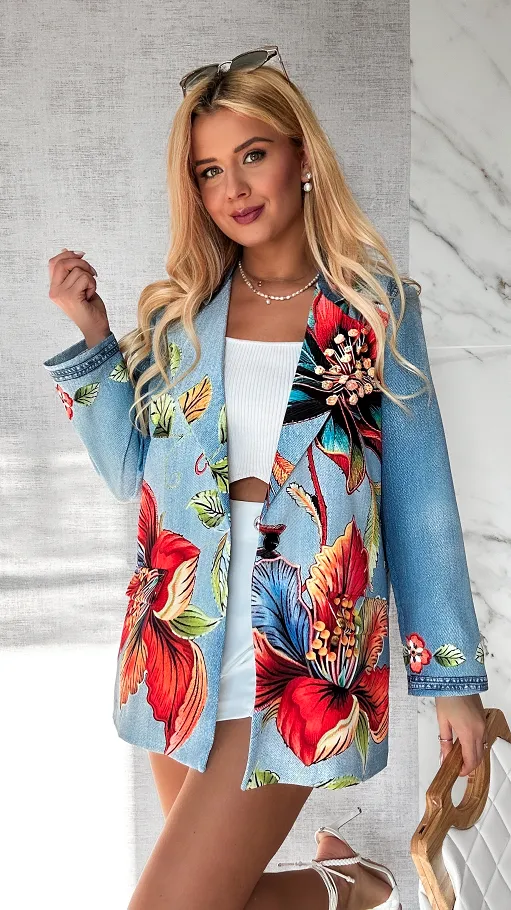 Marynarka w jeansowym princie OVERSIZE w kolorowe kwiaty - P517B