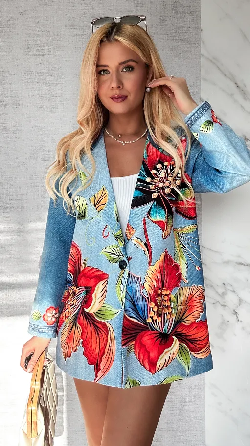 Marynarka w jeansowym princie OVERSIZE w kolorowe kwiaty - P517B