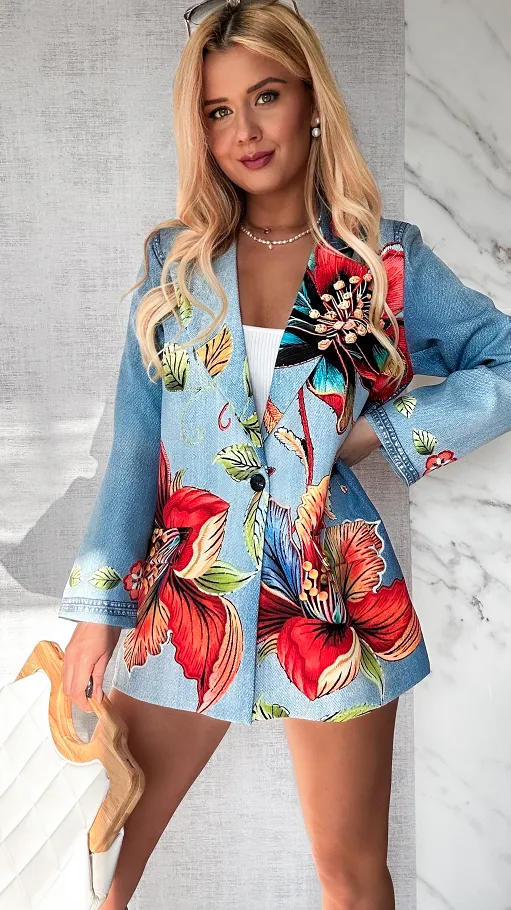 Marynarka w jeansowym princie OVERSIZE w kolorowe kwiaty - P517B