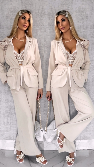 Elegancki beżowy komplet z broszką żakiet + spodnie - R547B
