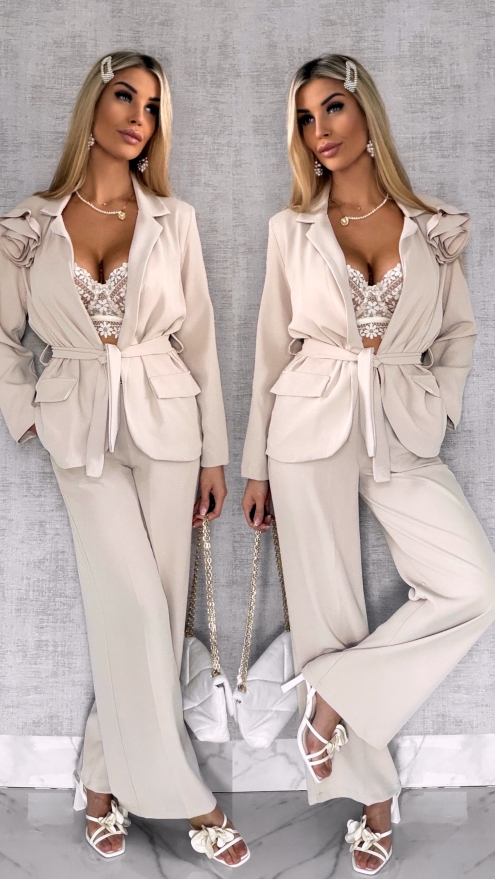 Elegancki beżowy komplet z broszką żakiet + spodnie - R547B