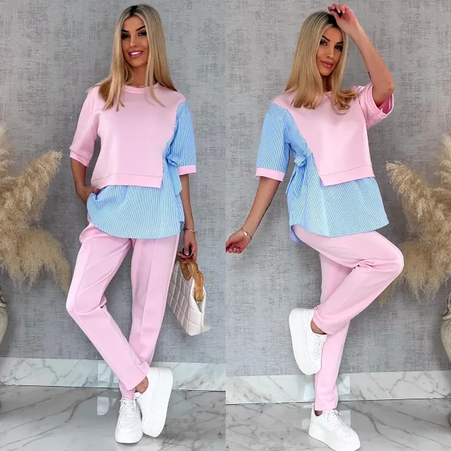 Oryginalny komplet PINK z koszulową wstawką bluza + spodnie ONE SIZE - R893