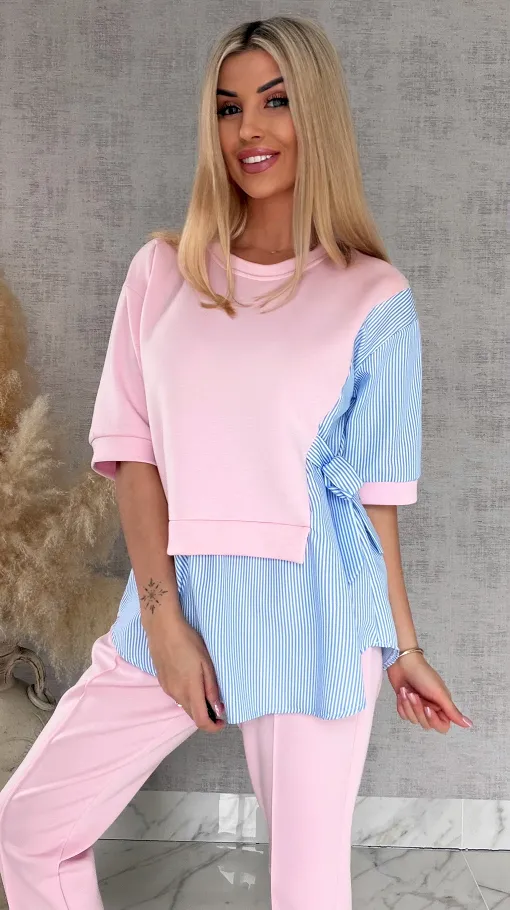 Oryginalny komplet PINK z koszulową wstawką bluza + spodnie ONE SIZE - R893