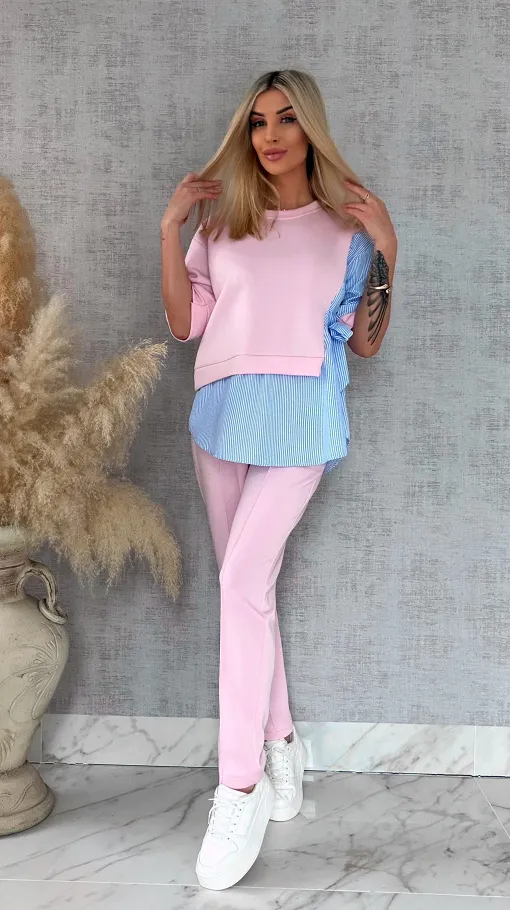 Oryginalny komplet PINK z koszulową wstawką bluza + spodnie ONE SIZE - R893