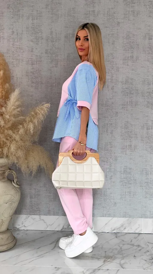 Oryginalny komplet PINK z koszulową wstawką bluza + spodnie ONE SIZE - R893