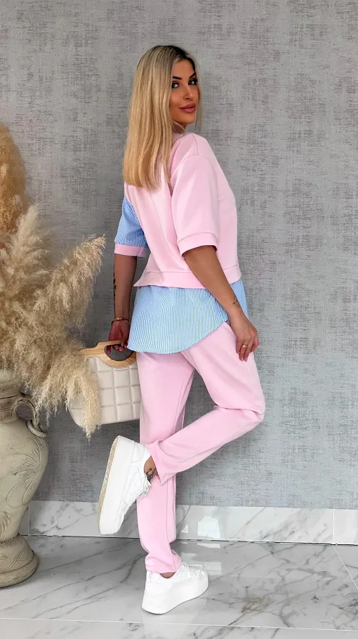Oryginalny komplet PINK z koszulową wstawką bluza + spodnie ONE SIZE - R893