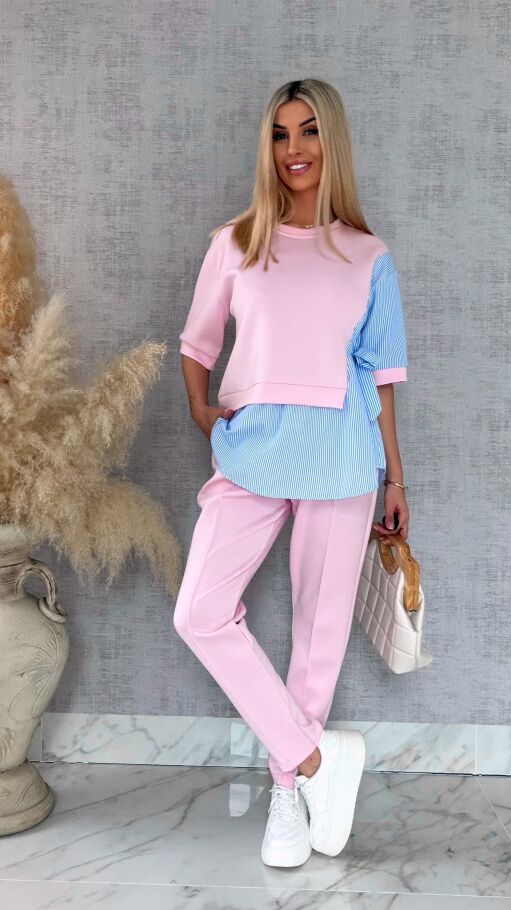 Oryginalny komplet PINK z koszulową wstawką bluza + spodnie ONE SIZE - R893