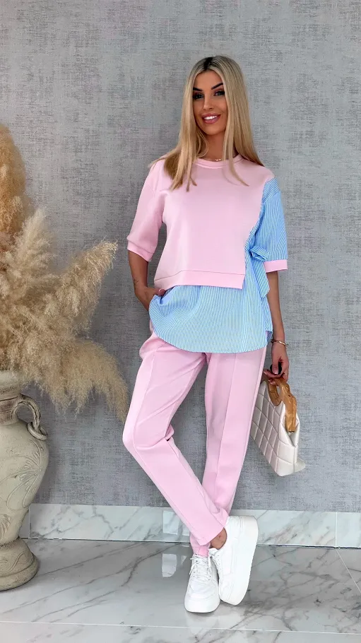 Oryginalny komplet PINK z koszulową wstawką bluza + spodnie ONE SIZE - R893