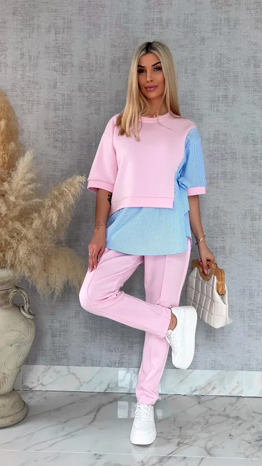 Oryginalny komplet PINK z koszulową wstawką bluza + spodnie ONE SIZE - R893