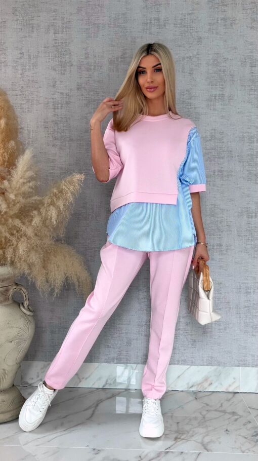 Oryginalny komplet PINK z koszulową wstawką bluza + spodnie ONE SIZE - R893