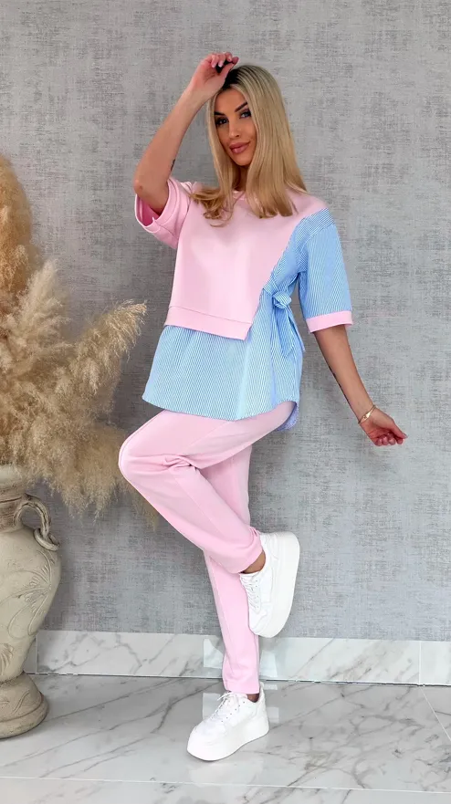 Oryginalny komplet PINK z koszulową wstawką bluza + spodnie ONE SIZE - R893