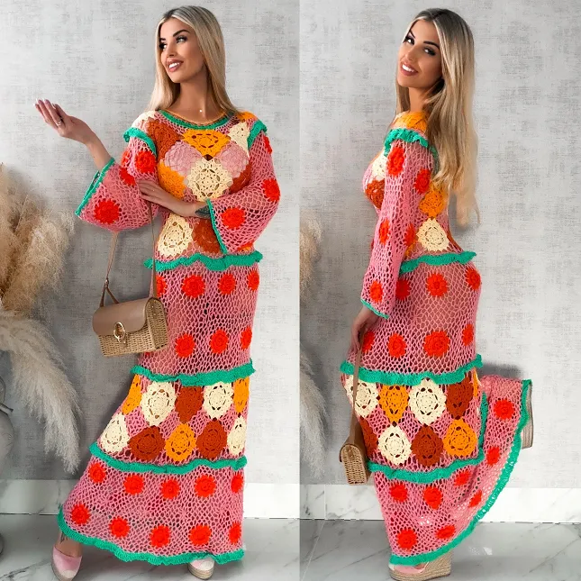 Kolorowa MAXI sukienka w stylu szydełkowym ONE SIZE - R416