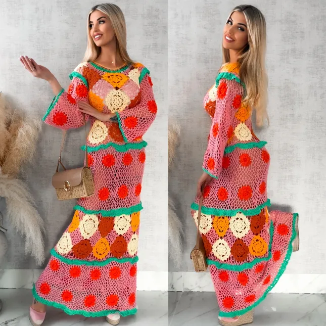 Kolorowa MAXI sukienka w stylu szydełkowym ONE SIZE - R416
