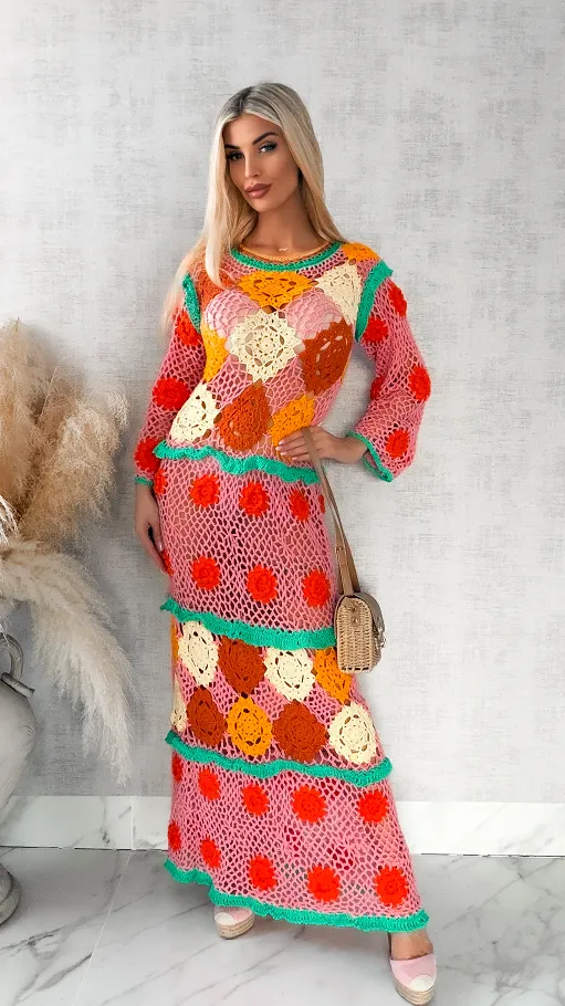 Kolorowa MAXI sukienka w stylu szydełkowym ONE SIZE - R416