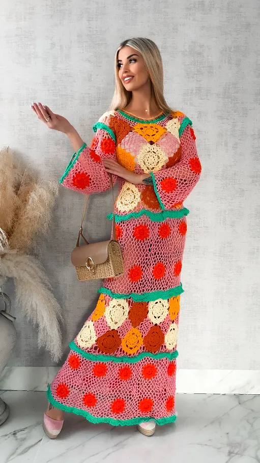 Kolorowa MAXI sukienka w stylu szydełkowym ONE SIZE - R416