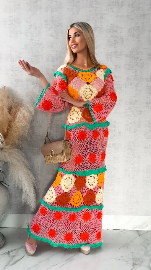 Kolorowa MAXI sukienka w stylu szydełkowym ONE SIZE - R416