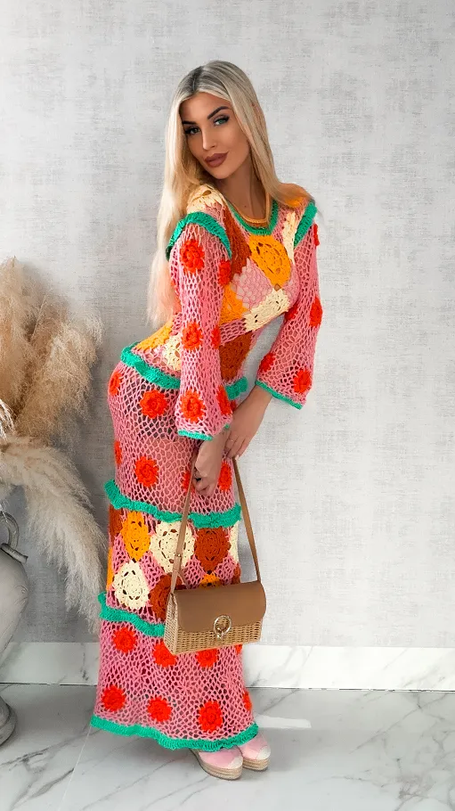 Kolorowa MAXI sukienka w stylu szydełkowym ONE SIZE - R416