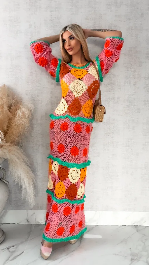 Kolorowa MAXI sukienka w stylu szydełkowym ONE SIZE - R416