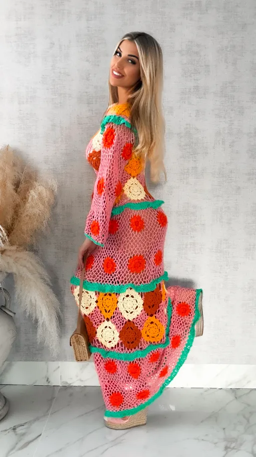 Kolorowa MAXI sukienka w stylu szydełkowym ONE SIZE - R416