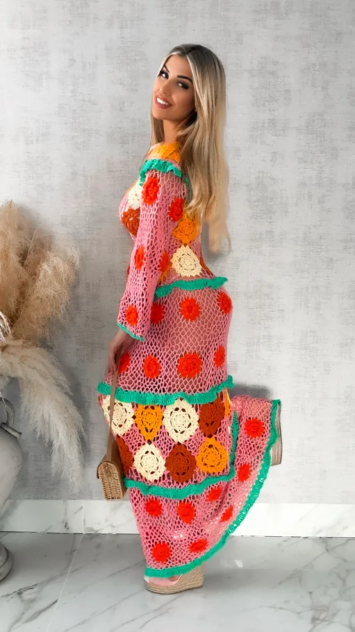 Kolorowa MAXI sukienka w stylu szydełkowym ONE SIZE - R416