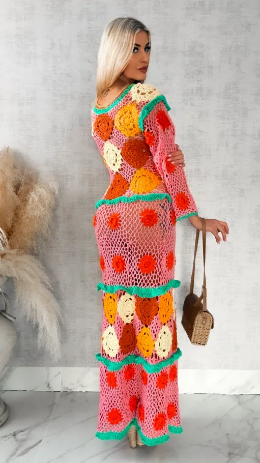 Kolorowa MAXI sukienka w stylu szydełkowym ONE SIZE - R416