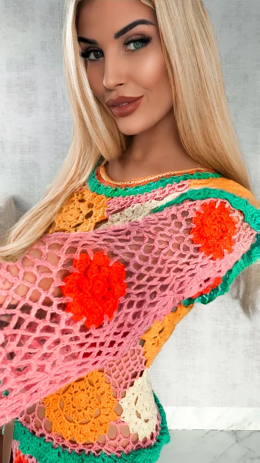 Kolorowa MAXI sukienka w stylu szydełkowym ONE SIZE - R416