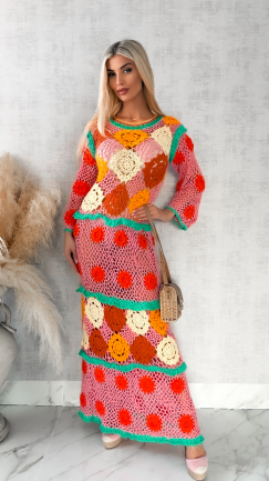 Kolorowa MAXI sukienka w stylu szydełkowym ONE SIZE - R416