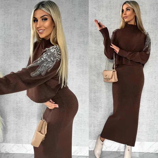 Oryginalny wiosenny komplet CZEKOLADOWY sweter + maxi sukienka ONE SIZE - R554