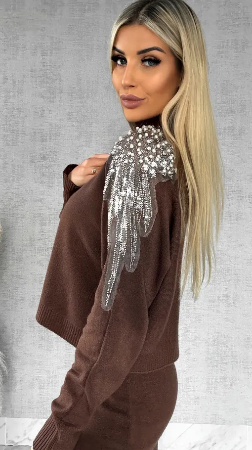 Oryginalny wiosenny komplet CZEKOLADOWY sweter + maxi sukienka ONE SIZE - R554