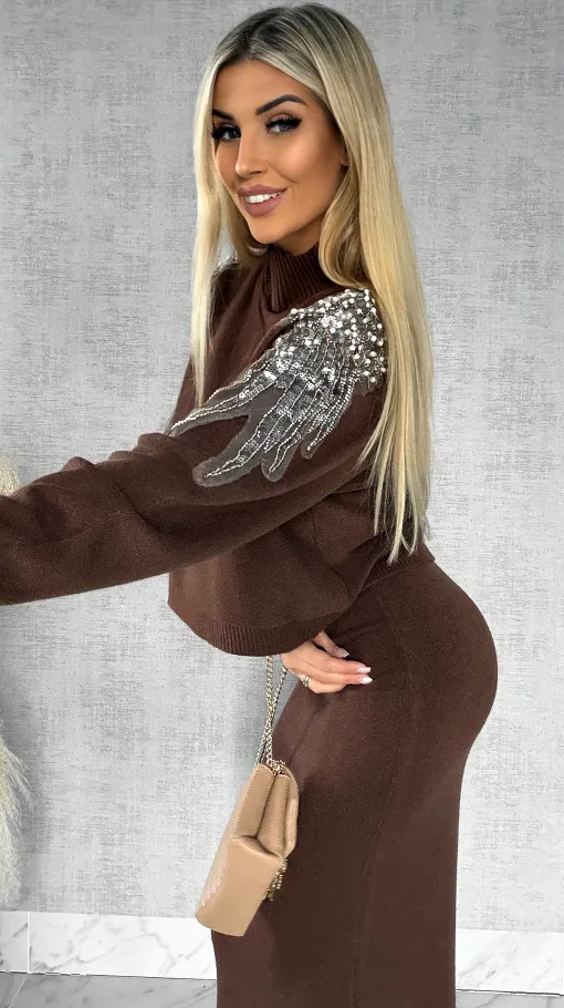 Oryginalny wiosenny komplet CZEKOLADOWY sweter + maxi sukienka ONE SIZE - R554