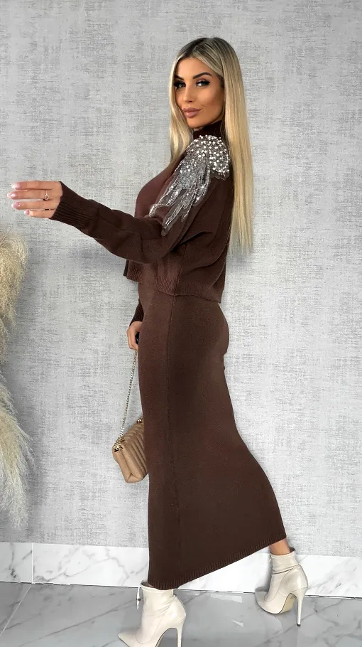 Oryginalny wiosenny komplet CZEKOLADOWY sweter + maxi sukienka ONE SIZE - R554