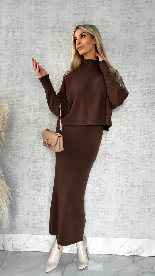 Oryginalny wiosenny komplet CZEKOLADOWY sweter + maxi sukienka ONE SIZE - R554