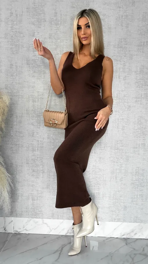 Oryginalny wiosenny komplet CZEKOLADOWY sweter + maxi sukienka ONE SIZE - R554