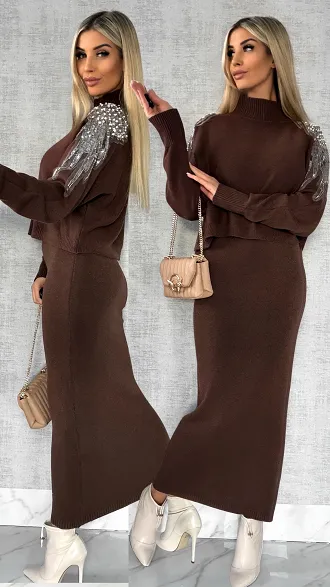 Oryginalny wiosenny komplet CZEKOLADOWY sweter + maxi sukienka ONE SIZE - R554