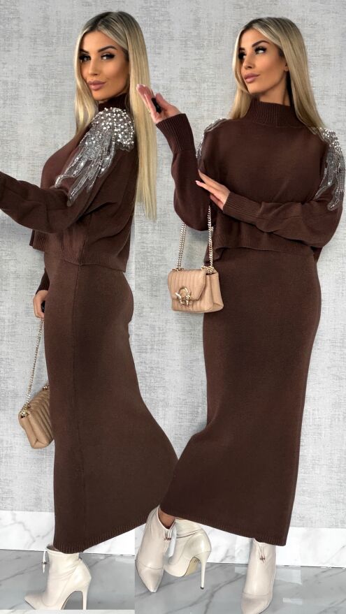 Oryginalny wiosenny komplet CZEKOLADOWY sweter + maxi sukienka ONE SIZE - R554