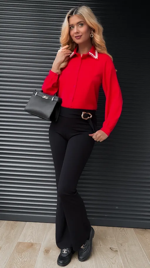 Czerwona koszula z ozdobnym kołnierzykiem ONE SIZE - R404