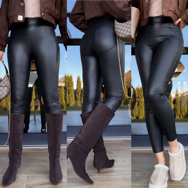 Czarne elastyczne spodnie LEGINSY z eko skóry PUSH UP - R268