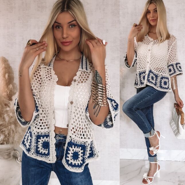 Bawełniany sweter ECRU na guziki w stylu szydełkowym ONE SIZE - R936