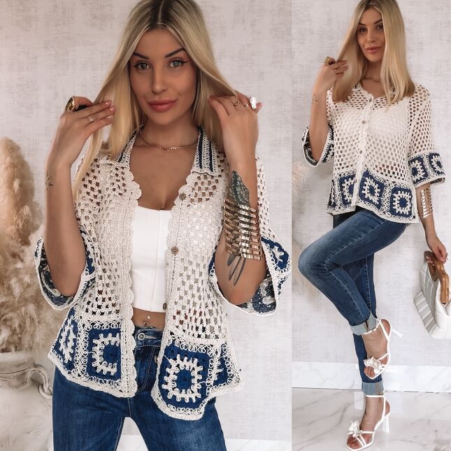 Bawełniany sweter ECRU na guziki w stylu szydełkowym ONE SIZE - R936